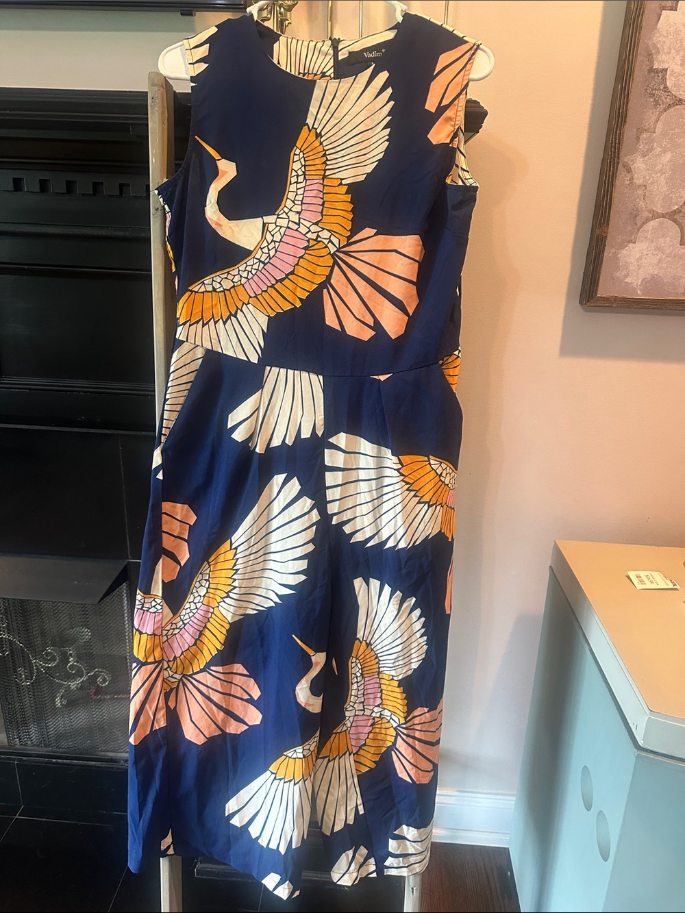 Sleeveless Navy Crane Print Midi Dress